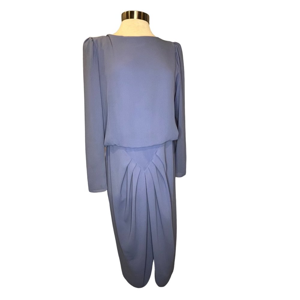 HAND MADE DESIGNER Women's Tea Dress Blue Long Sleeve Drape Back Neck Aprox Size